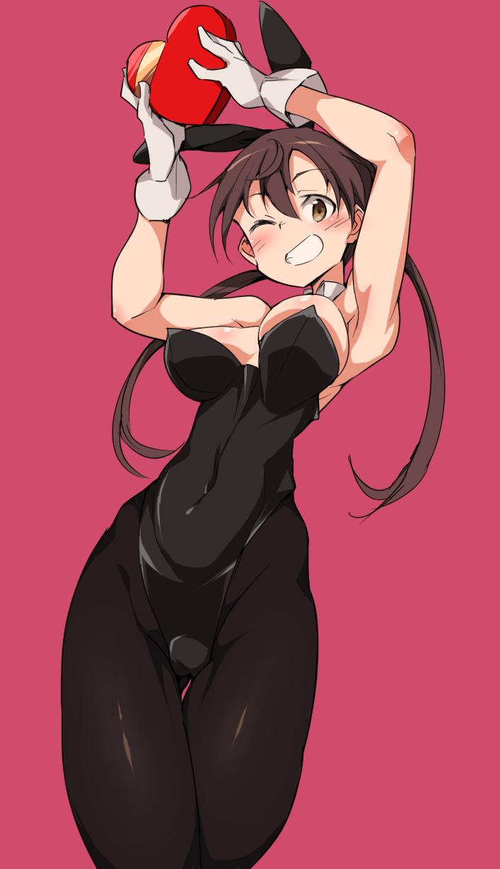 1girl animal_ears armpits arms_up bare_shoulders black_leotard blush brown_eyes brown_hair bunny_ears bunny_girl bunnysuit covered_navel cowboy_shot detached_collar fake_animal_ears gertrud_barkhorn gloves highres leotard long_hair one_eye_closed pantyhose simple_background smile solo strapless strapless_leotard strike_witches teeth twintails valentine vuta-don white_gloves world_witches_series