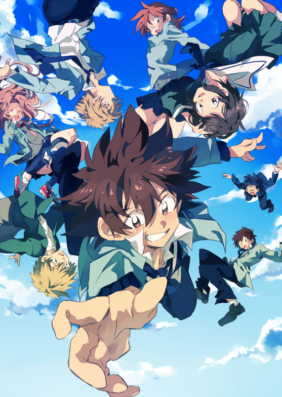 5boys blonde_hair brown_eyes brown_hair chokota day digimon digimon_adventure digimon_adventure_tri. falling ishida_yamato izumi_koushirou kido_jou long_hair multiple_boys multiple_girls odaiba_middle_school_uniform school_uniform short_hair skirt sky smile tachikawa_mimi takaishi_takeru takenouchi_sora tsukishima_general_high_school_uniform yagami_hikari yagami_taichi