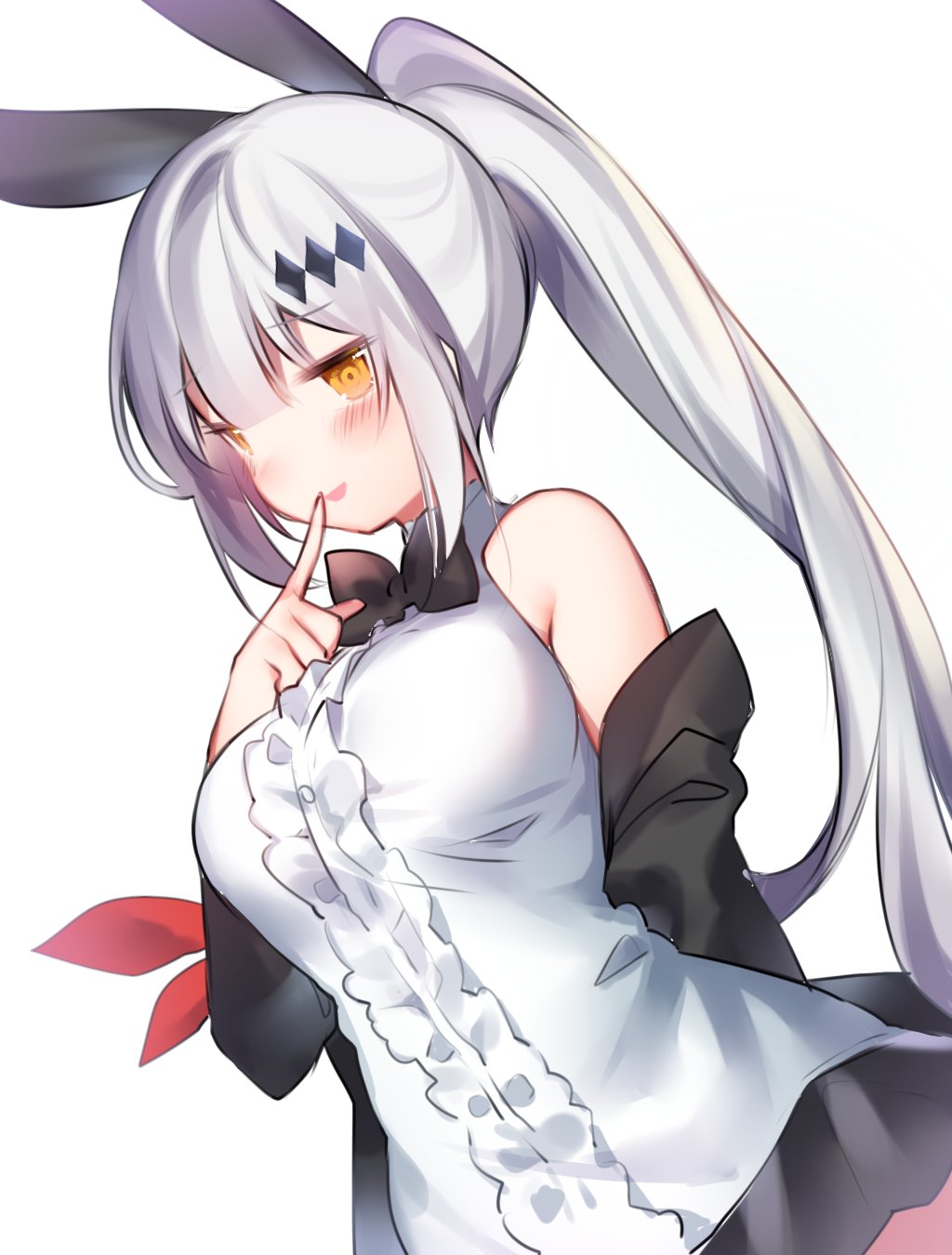 1girl animal_ears arm_behind_back armband bangs bare_shoulders black_jacket black_skirt blouse blush breasts bunny_ears bunny_hair_ornament commentary cowboy_shot eyebrows_visible_through_hair fake_animal_ears finger_to_mouth five-seven_(girls_frontline) girls_frontline hair_between_eyes hair_ornament hand_on_own_chest high_ponytail highres jacket large_breasts long_hair off_shoulder open_clothes open_jacket pleated_skirt ponytail sidelocks silver_hair skirt smile solo standing thighs thxsama white_blouse yellow_eyes