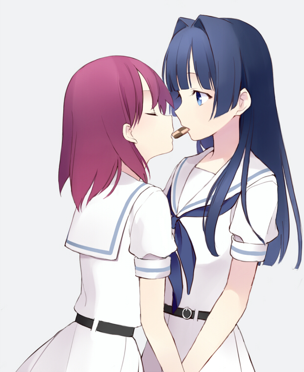 blue_eyes blue_hair checkerboard_cookie closed_eyes cookie dress food grey_background hirose_sumire holding_hands itsumi_(itumiyuo) long_hair looking_at_another miyanaga_teru mouth_hold multiple_girls neckerchief red_hair sailor_dress saki school_uniform shared_food shiraitodai_school_uniform short_hair standing upper_body white_dress yuri