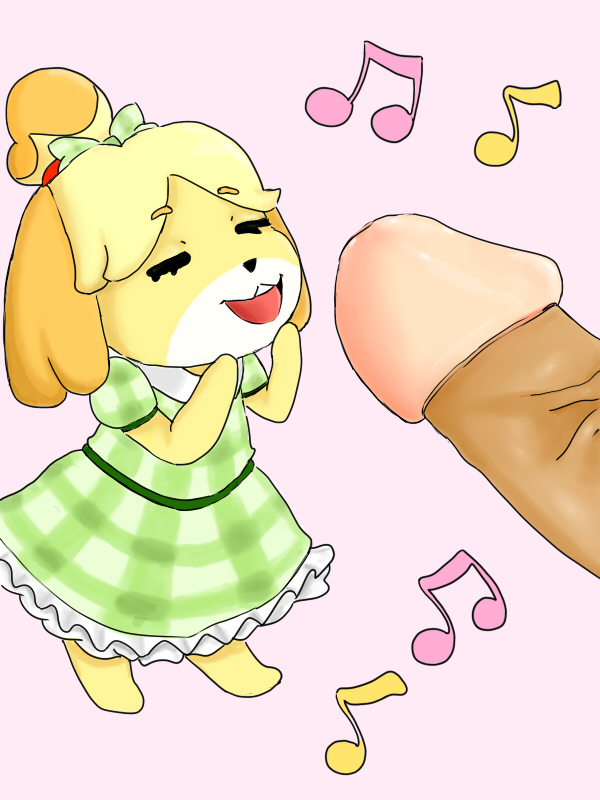 2019 animal_crossing anthro canid canine canis chibi clothing domestic_dog dress erection eyes_closed female fur green_clothes happy humanoid_penis isabelle_(animal_crossing) male male/female mammal multicolored_fur musical_note nintendo open_mouth penis ribbons simple_background size_difference smaller_female tongue vaquita_shoujo video_games yellow_fur