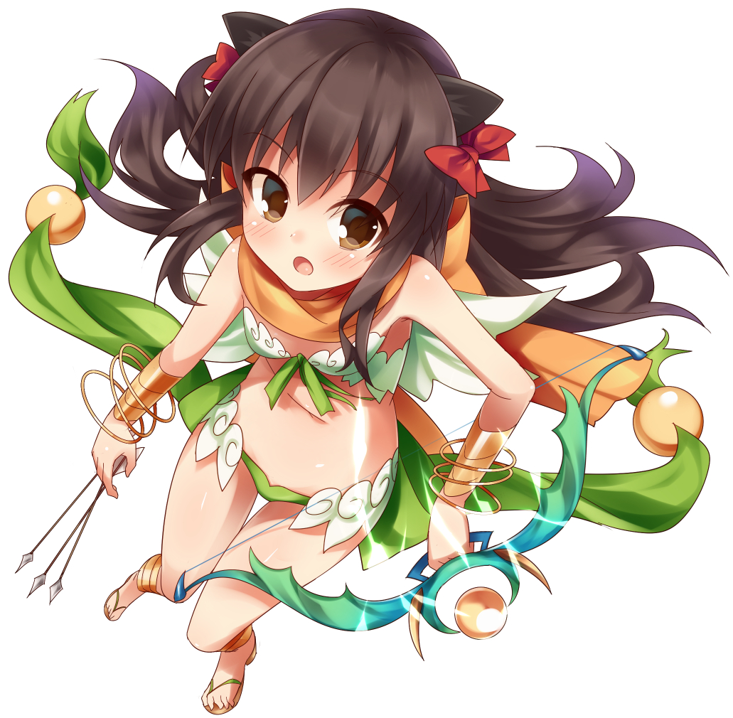 :o animal_ears ankleband arrow bad_id bad_pixiv_id bangle black_hair blush bow bow_(weapon) bow_bra bra bracelet bracer breasts brown_eyes cat_ears clog_sandals dot_nose green_panties green_ribbon jewelry midriff mini_wings navel open_mouth orange_scarf panties ragnarok_online red_bow ribbon scarf scarf_bow small_breasts solo takashiru underwear underwear_only wanderer weapon wings