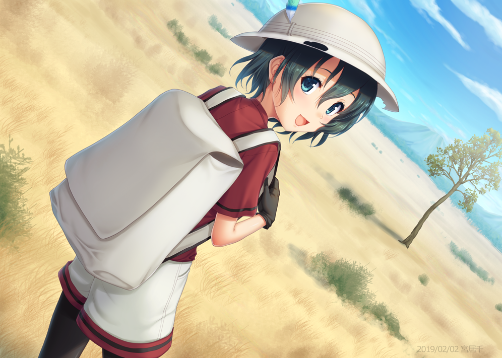 1girl backpack bag black_hair blue_eyes commentary_request feathers from_behind gloves grasslands helmet holding_strap kaban_(kemono_friends) kemono_friends looking_back miyai_sen pantyhose partial_commentary pith_helmet shirt short_hair short_sleeves shorts smile solo t-shirt