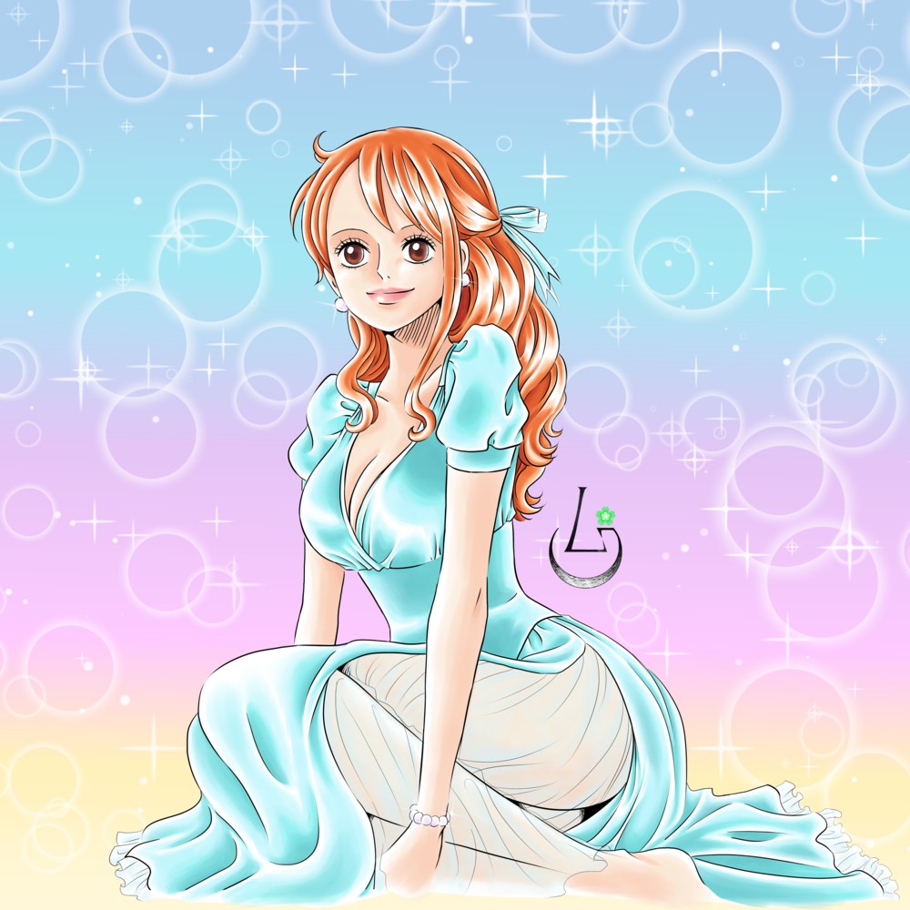 bent_knees breasts brown_eyes cleavage earring female happy kneeling lipstick long_hair makeup nami_(one_piece) one_piece orange_hair pink_lips pixiv_id_24458387 sitting smile solo