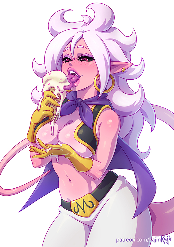 1girl android_21 belt_buckle black_sclera breasts buckle cape cleavage commentary deep_skin dragon_ball dragon_ball_fighterz earrings english_commentary eyeshadow fangs hair_between_eyes harem_pants hoop_earrings ice_cream_cone jewelry kajin_(kajinman) large_breasts licking lips long_hair majin_android_21 makeup no_bra open_mouth pants pink_eyes pink_skin pointy_ears prehensile_tail purple_hair sleeveless solo tail tongue tongue_out vest white_background