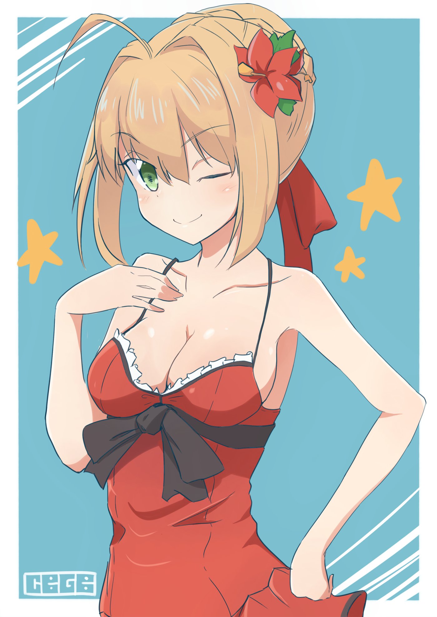 1girl ;) ahoge artist_name blonde_hair blue_background braid breasts casual cbgb cleavage closed_mouth collarbone commentary_request dress eyebrows_visible_through_hair fate/extra fate_(series) flower french_braid frilled_dress frills green_eyes hair_bun hair_flower hair_intakes hair_ornament hair_ribbon hand_on_hip hand_on_own_chest highres light_blush looking_at_viewer medium_breasts nero_claudius_(fate) nero_claudius_(fate)_(all) one_eye_closed outside_border red_dress red_ribbon ribbon short_hair sidelocks signature smile solo spaghetti_strap standing star upper_body