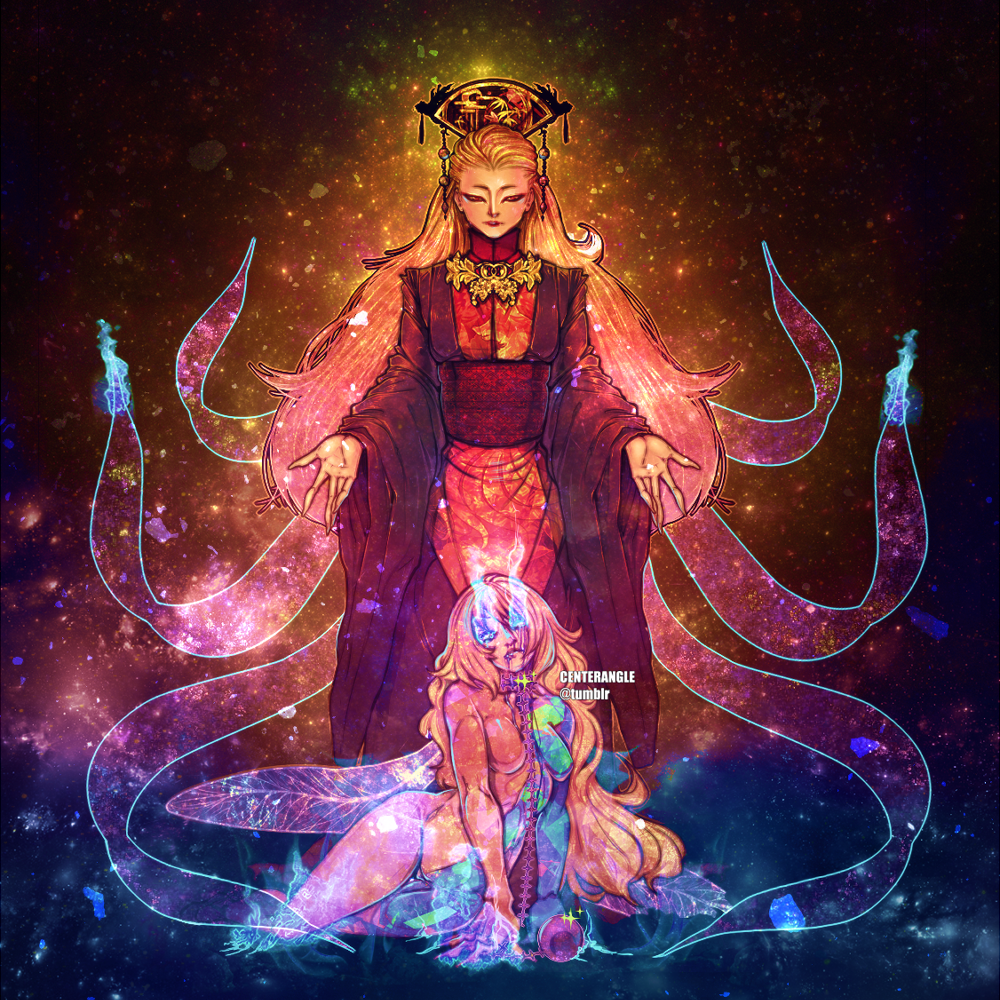 animal_print aura bad_id bad_pixiv_id ball_and_chain_restraint black_dress blonde_hair blood blood_from_mouth chinese_clothes clownpiece dizmathik dress energy fairy_wings fire flame fox_tail glowing glowing_eyes gradient_hair hat hips junko_(touhou) lips long_fingers long_hair long_sleeves looking_at_viewer multicolored_hair multiple_girls no_nipples nose nude open_hands palms parted_lips red_eyes red_lips robe sash short_eyebrows space sparkle standing stomach tabard tail thighs touhou very_long_hair watermark wide_sleeves wings