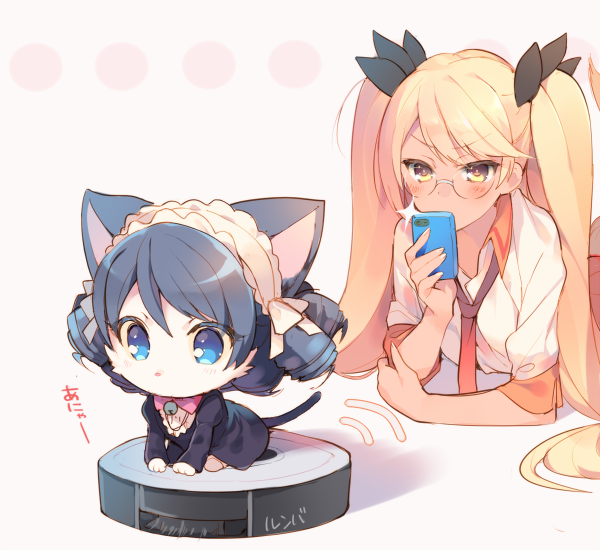 animal_ears bangs bell blonde_hair blue_eyes blue_hair blush cat_ears cat_tail chibi curly_hair cyan_(show_by_rock!!) glasses hair_ornament hairband long_hair lying mayachi_(amuriya) multiple_girls necktie on_stomach phone retoree riding roomba short_hair show_by_rock!! sparkle tail twintails very_long_hair yellow_eyes
