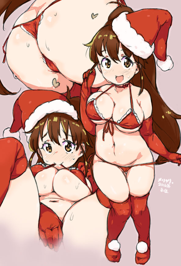 1girl 2016 artist_name ass bangs bikini bikini_in_mouth bikini_pull boots bra breasts brown_eyes brown_hair cameltoe choker christmas covering covering_crotch front-tie_bikini front-tie_top halterneck hat heart large_breasts long_hair lying merry_christmas mouth_hold multiple_views navel on_back randou red_bikini red_bra red_choker red_footwear santa_hat side-tie_bikini sidelocks spread_legs standing stomach sweat swimsuit taneshima_popura thigh_boots thigh_gap thighhighs underwear working!!