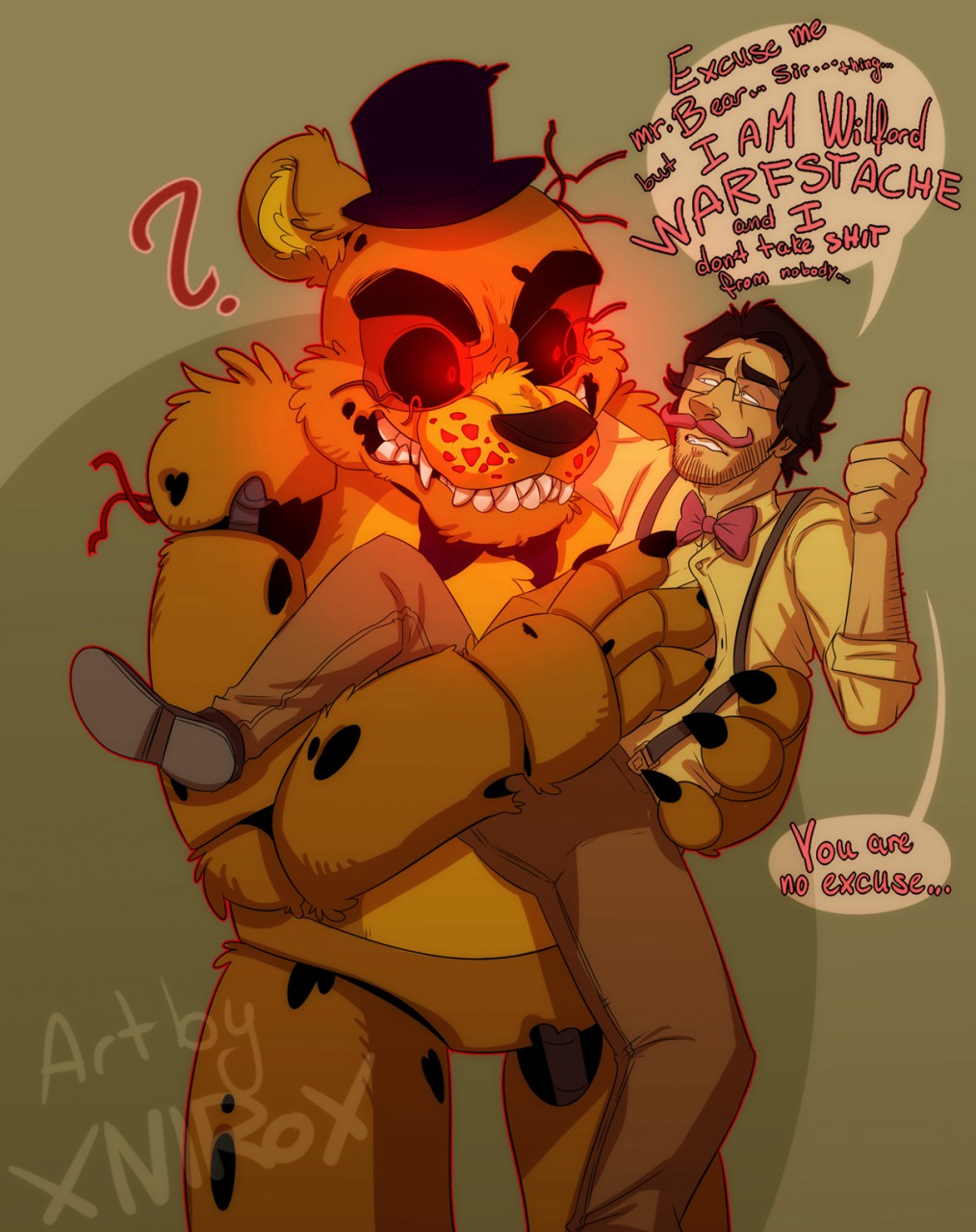 ... ? alter_ego animatronic anthro bear bow claws clenched_teeth clothing crossover dialogue english_text facial_hair five_nights_at_freddy's footwear fur glowing glowing_eyes golden_freddy_(fnaf) gums hair half-closed_eyes hat holding human machine male mammal markiplier mustache nude open_shirt overalls pants raised_arm raised_leg robot sharp_claws sharp_teeth shirt shoes short_hair spread_legs spreading standing teeth text video_games wilford_warfstache wire xnirox