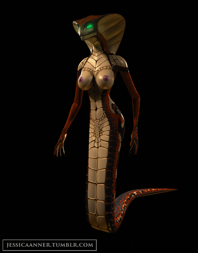 3d animated breasts clothing cobra female gloves jessica_anner jewelry mask naga nude red_scales reptile scales scalie sha'an silk snake solo walk_cycle yellow_scales