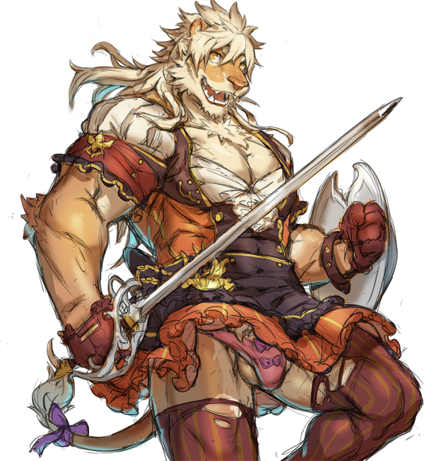 biceps bulge chest_tuft clothed clothing crossdressing feline fur hair half-dressed jacketbear male mammal melee_weapon muscles paws pecs sword tuft weapon