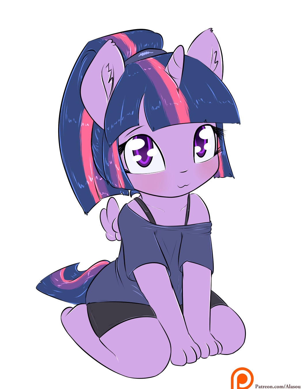 2015 :3 alasou alpha_channel alternate_hairstyle anthro anthrofied chibi clothing cute equine female friendship_is_magic fur hair horn kneeling looking_at_viewer mammal multicolored_hair my_little_pony patreon ponytail purple_eyes purple_fur simple_background smile solo transparent_background twilight_sparkle_(mlp) winged_unicorn wings