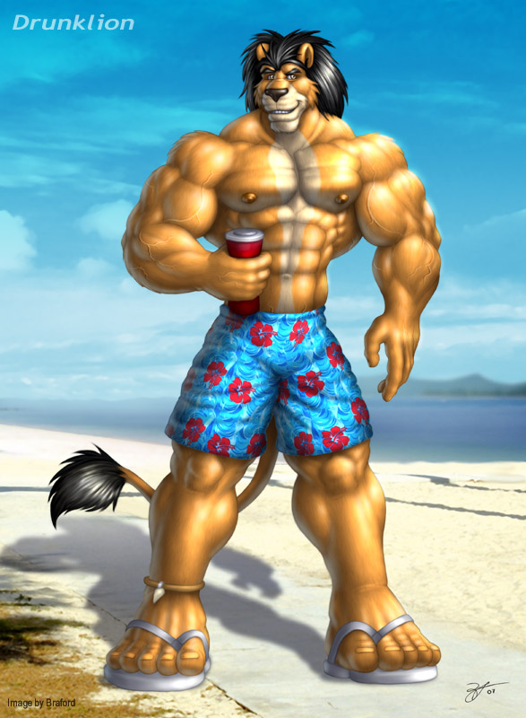 anthro beach braford clothed clothing cloud feline footwear hair lion male mammal muscles nipples outside sandals seaside shorts solo water