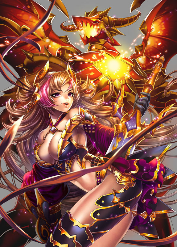 armor beast_battle_chronicle_zero black_gloves blonde_hair breasts coga detached_sleeves female gloves happy holding holding_weapon long_hair long_sleeves multicolored_hair pink_eyes simple_background smile solo weapon