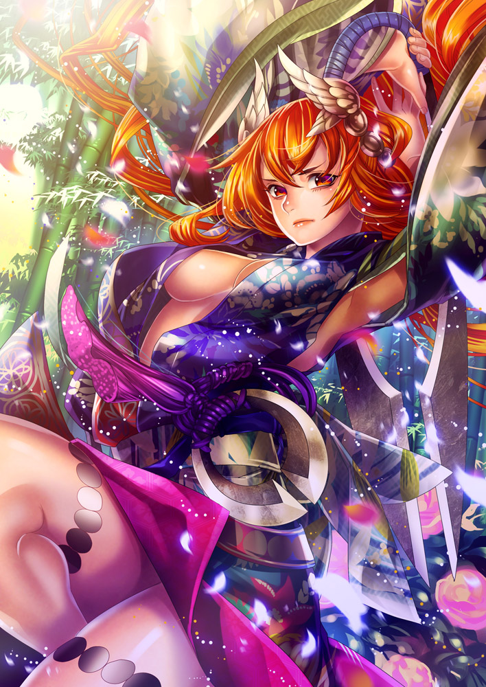 bamboo closed_mouth coga dual_wielding female holding holding_weapon japanese_clothes long_sleeves looking_at_viewer orange_eyes orange_hair original solo sword traditional_clothes weapon yukata