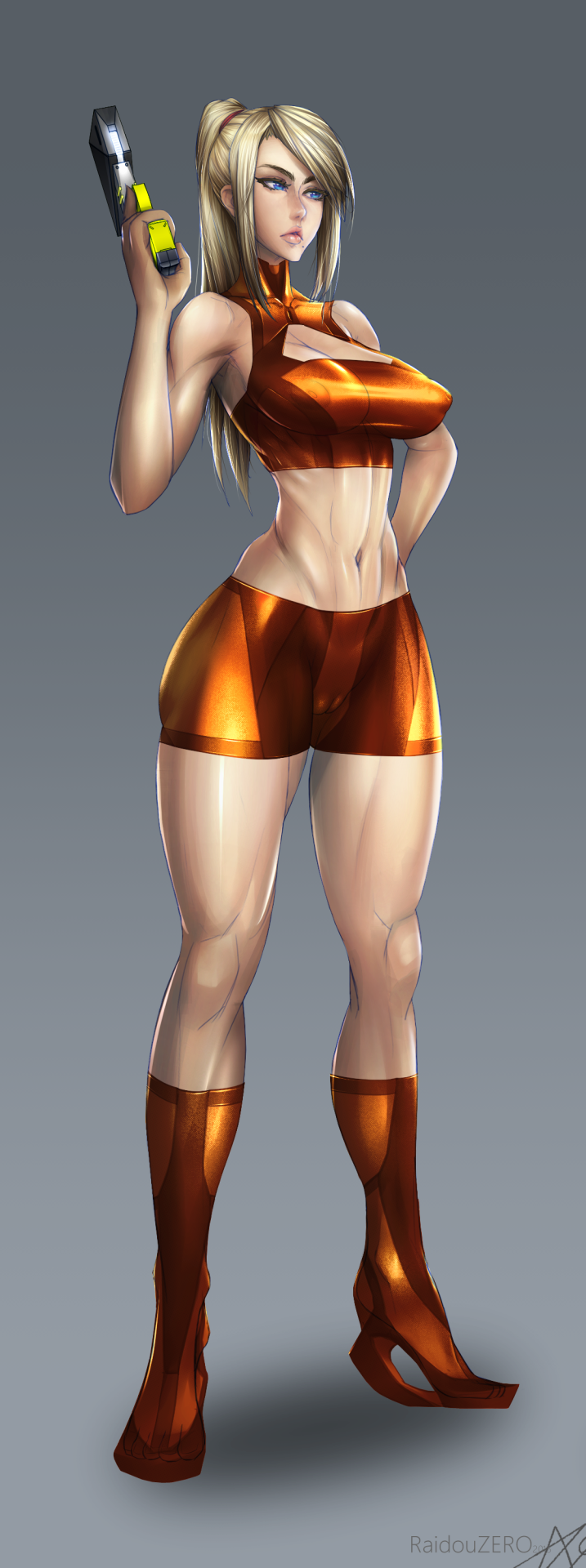 areolae blonde_hair breasts cleavage_cutout erect_nipples full_body gradient gradient_background high_heels highres long_hair metroid midriff mole mole_under_mouth muscle navel outfit paralyzer ponytail raidouzero samus_aran solo thick_thighs thighs