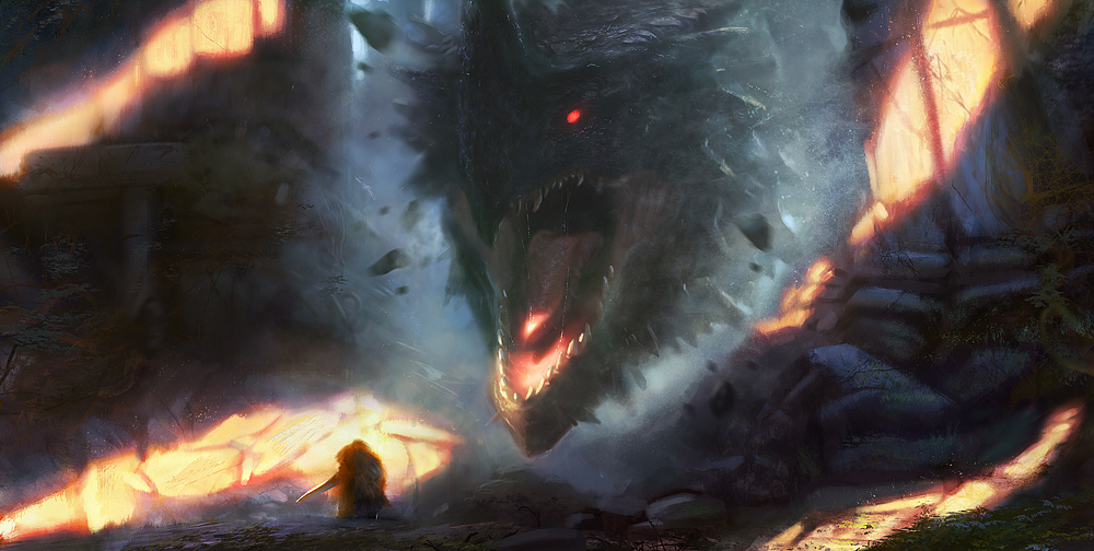 cloak dragon dragon_head fur_cloak gigantic glowing glowing_eyes grosnez maw nature rock rocks roots ruins size_difference sunlight sword swordsman teeth tongue weapon