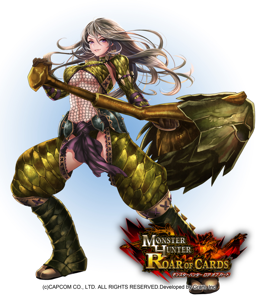 armor belt brown_gloves chainmail coga female gloves gradient gradient_background grey_hair holding holding_weapon long_sleeves mace monster_hunter nargacuga_(armor) purple_eyes smile solo weapon