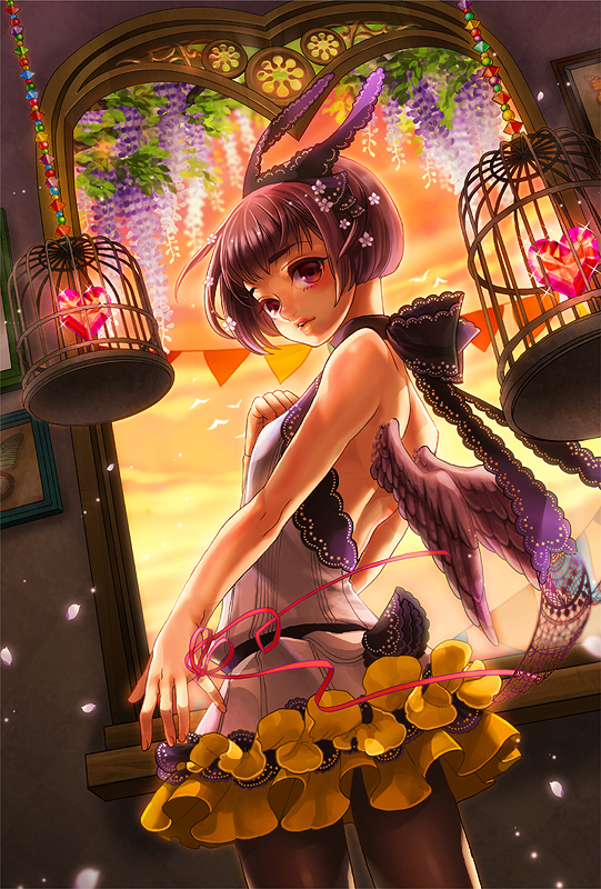 1girl bare_shoulders black_legwear black_pantyhose cage coga female flower frilled_skirt frills heart hime_cut looking_at_viewer original pantyhose purple_eyes purple_hair short_hair skirt sleeveless solo wings