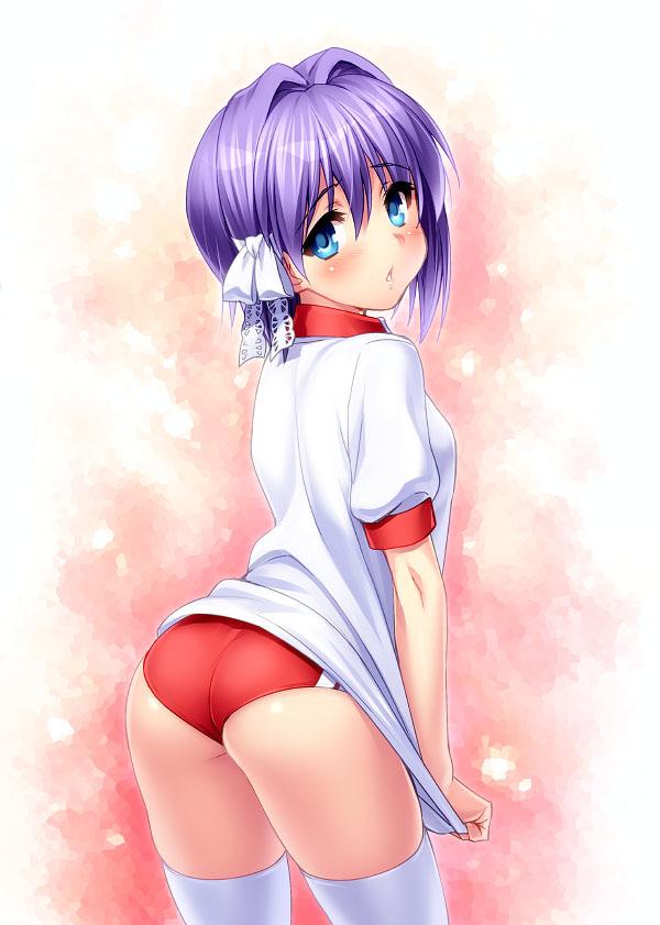 ass blue_eyes blush bow buruma clannad cowboy_shot fujibayashi_ryou gym_uniform hair_bow hair_intakes looking_at_viewer parted_lips purple_hair shirt_tug short_hair short_sleeves solo thighhighs white_legwear zen