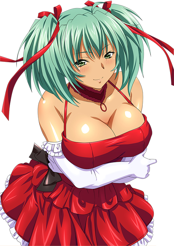 1girl arm_under_breasts breast_hold breasts cleavage dark_skin dress female green_eyes green_hair ikkitousen large_breasts long_hair official_art red_dress ryofu_housen simple_background smile solo standing twintails