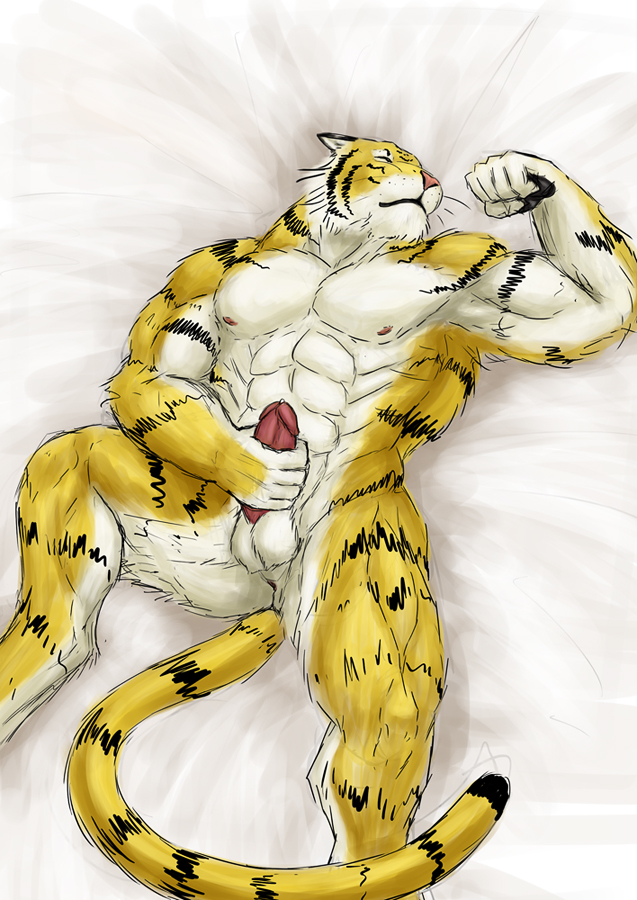 2015 abs anthro anus armpits balls biceps big_muscles black_fur erection eyes_closed feline fur hand_on_penis lying male mammal masturbation muscles nipples nude pecs penis pink_nipples pink_nose precum rwolf solo stripes tiger whiskers white_fur yellow_fur