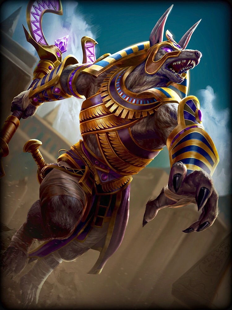 anthro anubis armor band barefoot black_fur bright_eyes claws clothed clothing cloud costume deity detailed digital_media_(artwork) digitigrade egyptian fangs fur jewels long_ears magic melee_weapon muscles no_pupils open_mouth pose purple_eyes scepter sharp_teeth sky smite solo sword teeth toned unknown_artist weapon