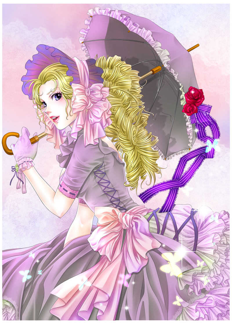 bad_id bad_pixiv_id blonde_hair blue_eyes bonnet bow bug butterfly curly_hair dress flower frills gloves gown insect lipstick long_hair makeup marie_antoinette_(versailles_no_bara) parasol petticoat pink_bow pink_lipstick ribbon rose solo striped striped_ribbon tamari_(flawless) too_many too_many_frills umbrella versailles_no_bara victorian