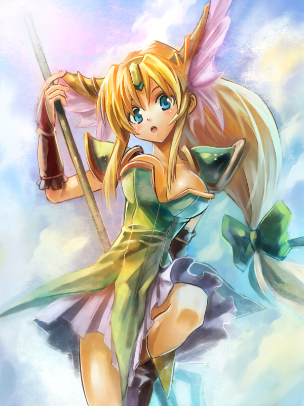 blonde_hair edobox long_hair low-tied_long_hair polearm riesz seiken_densetsu seiken_densetsu_3 solo spear weapon