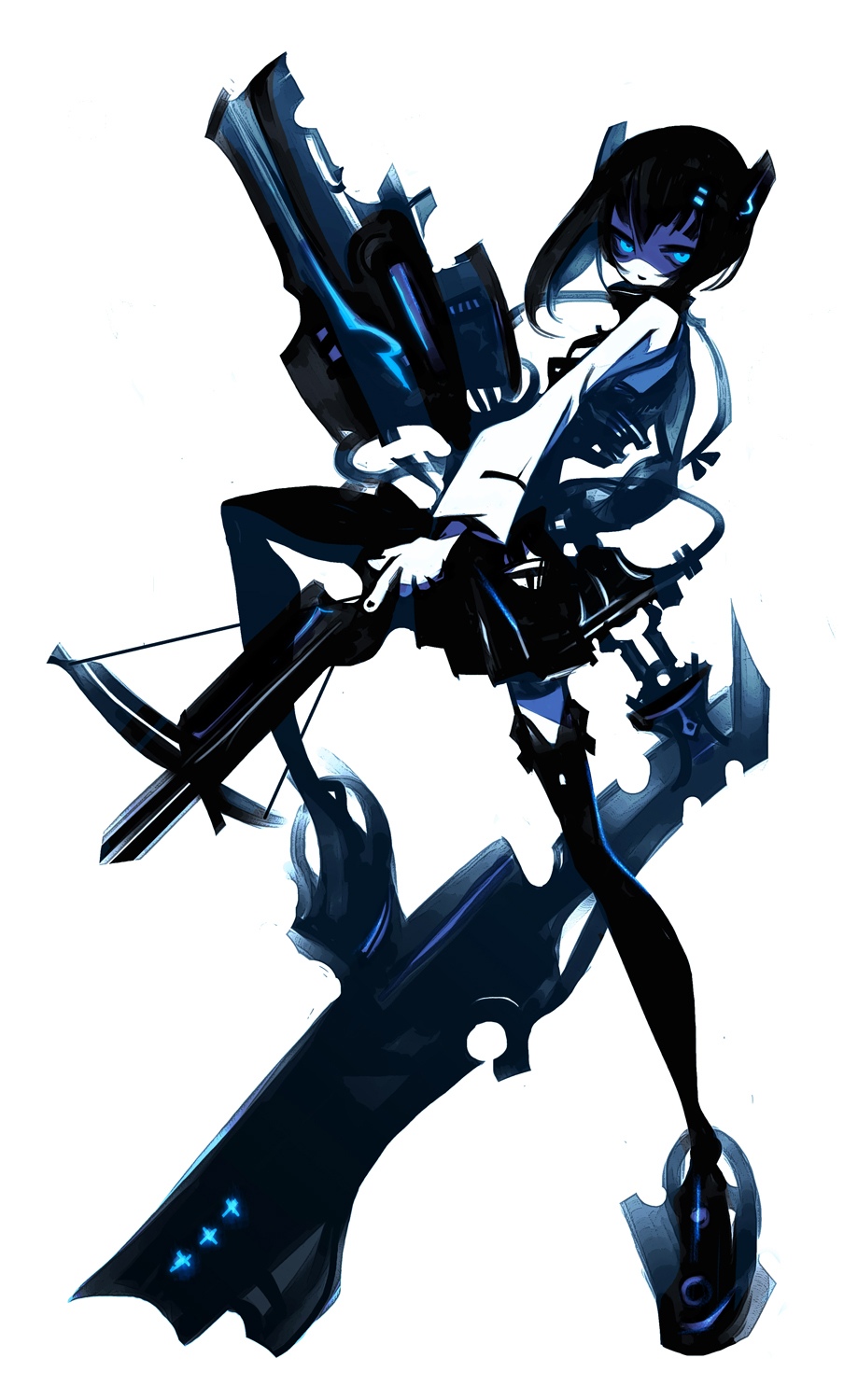 abstract black_hair blue blue_eyes bow_(weapon) commentary_request crossbow dark_persona full_body headgear highres holding holding_weapon kantai_collection kiku_(kicdoc) looking_at_viewer machinery monochrome open_mouth pleated_skirt short_hair simple_background skirt smile solo taihou_(kantai_collection) thighhighs weapon white_background zettai_ryouiki