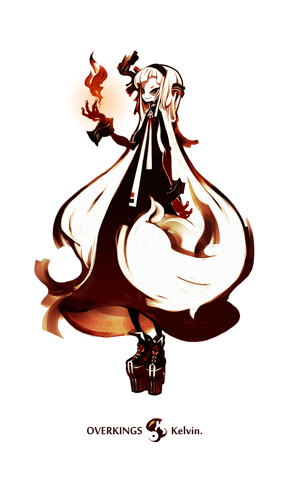 bad_id bad_pixiv_id black_dress commentary_request dress fire flame full_body highres kiku_(kicdoc) long_dress long_hair looking_up original platform_footwear pyrokinesis red_eyes simple_background solo title very_long_hair white_background white_hair wrist_cuffs