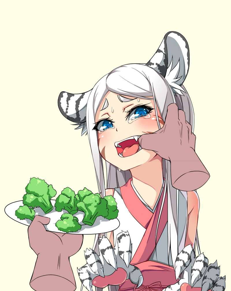 animal_ears bare_shoulders blue_eyes broccoli cat_ears cheek_pull claws disembodied_limb dream_demon eyebrows facial_mark fangs feeding finger_in_another's_mouth force_feeding long_hair looking_at_viewer monster_girl original paws plate pov_feeding solo_focus sweat tears teeth tongue white_hair
