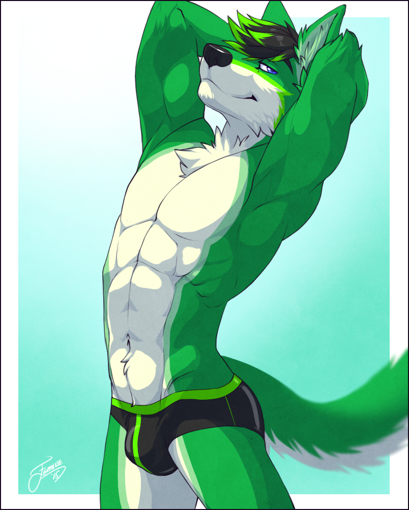 abs biceps blue_eyes bulge canine chest_tuft clothing feralise fur male mammal muscles pecs tuft underwear wolf zavryn