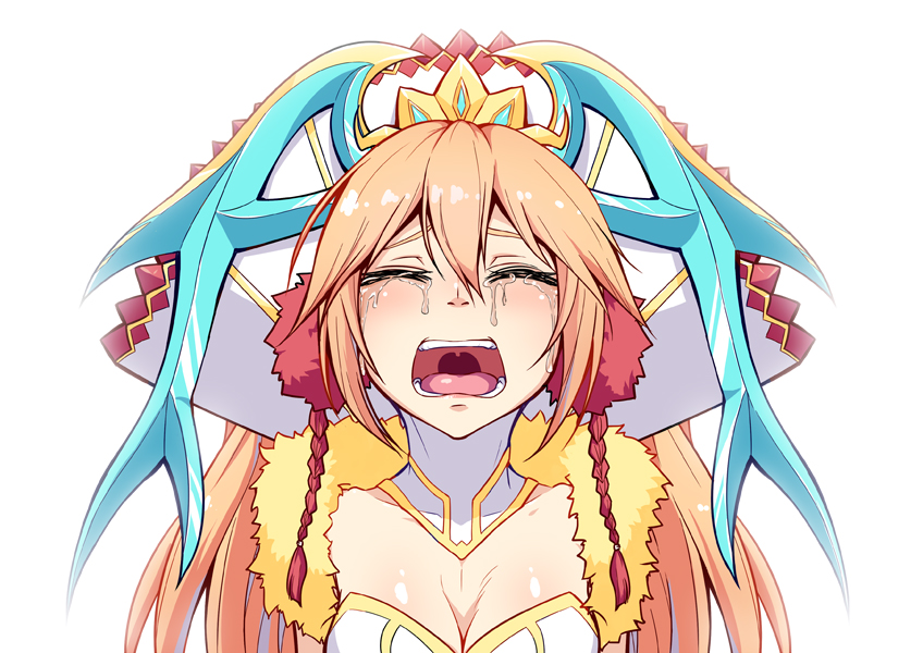 breasts cleavage closed_eyes crying dream_demon hat long_hair medium_breasts open_mouth puzzle_&amp;_dragons sakuya_(p&amp;d) simple_background solo tears teeth tongue white_background