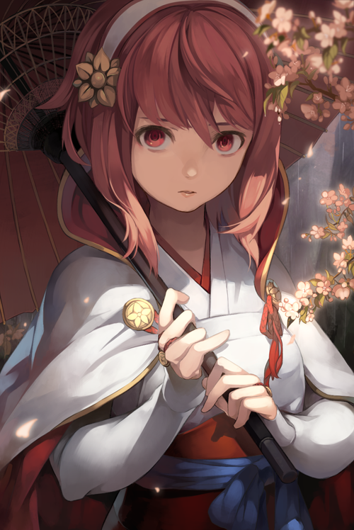 bangs bridal_gauntlets cherry_blossoms day empty_eyes fire_emblem fire_emblem_if hair_between_eyes hair_ornament hairband holding holding_umbrella japanese_clothes lips looking_at_viewer oriental_umbrella outdoors parted_lips red_eyes red_hair riku_(wana) sakura_(fire_emblem_if) short_hair short_hair_with_long_locks sidelocks solo umbrella upper_body white_hairband