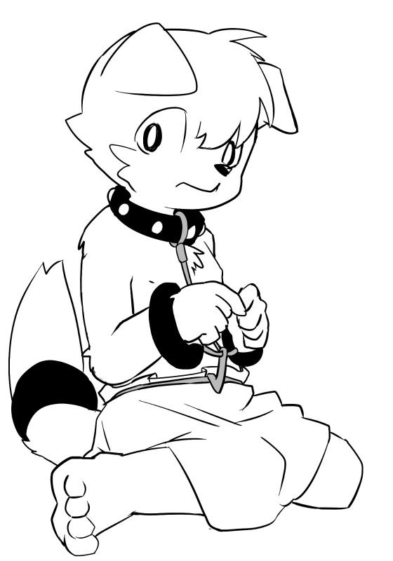 anthro barefoot bound_hands canine clothed clothing collar cub digital_media_(artwork) dog front_view greyscale half-dressed harness looking_away male mammal manmosu_marimo monochrome nervous nipples skirt slave_pup_(marimo) solo topless young