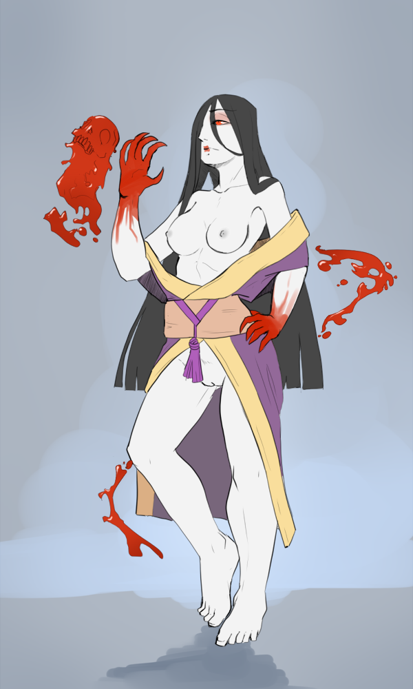 arbuzbudesh black_hair blood bottomless breasts claws clothed clothing eyeshadow female hair half-dressed hand_on_hip humanoid lipstick long_hair makeup partially_clothed pussy red_eyes robe skull solo vampire