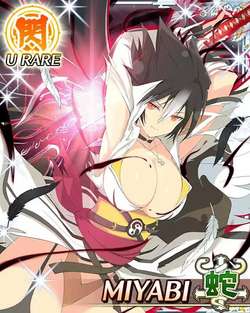 alternate_hair_color alternate_hair_length alternate_hairstyle aura bandages breasts card_(medium) character_name cleavage emblem feathers huge_breasts jewelry looking_at_viewer miyabi_(senran_kagura) multicolored_hair necklace official_art panties pantyshot popped_collar pose red_eyes senran_kagura senran_kagura_new_wave seven-branched_sword solo spiked_hair sword thick_thighs thighs torn_clothes underwear weapon yaegashi_nan
