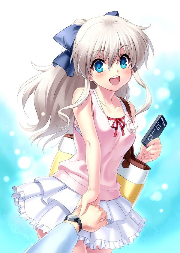:d bag blue_eyes blush casual cellphone charlotte_(anime) collarbone dragging frilled_skirt frills hair_ribbon holding holding_hands long_hair open_mouth out_of_frame phone ponytail pov pov_hands ribbon shirt silver_hair skirt sleeveless sleeveless_shirt smile solo_focus tomori_nao watch wristwatch zen