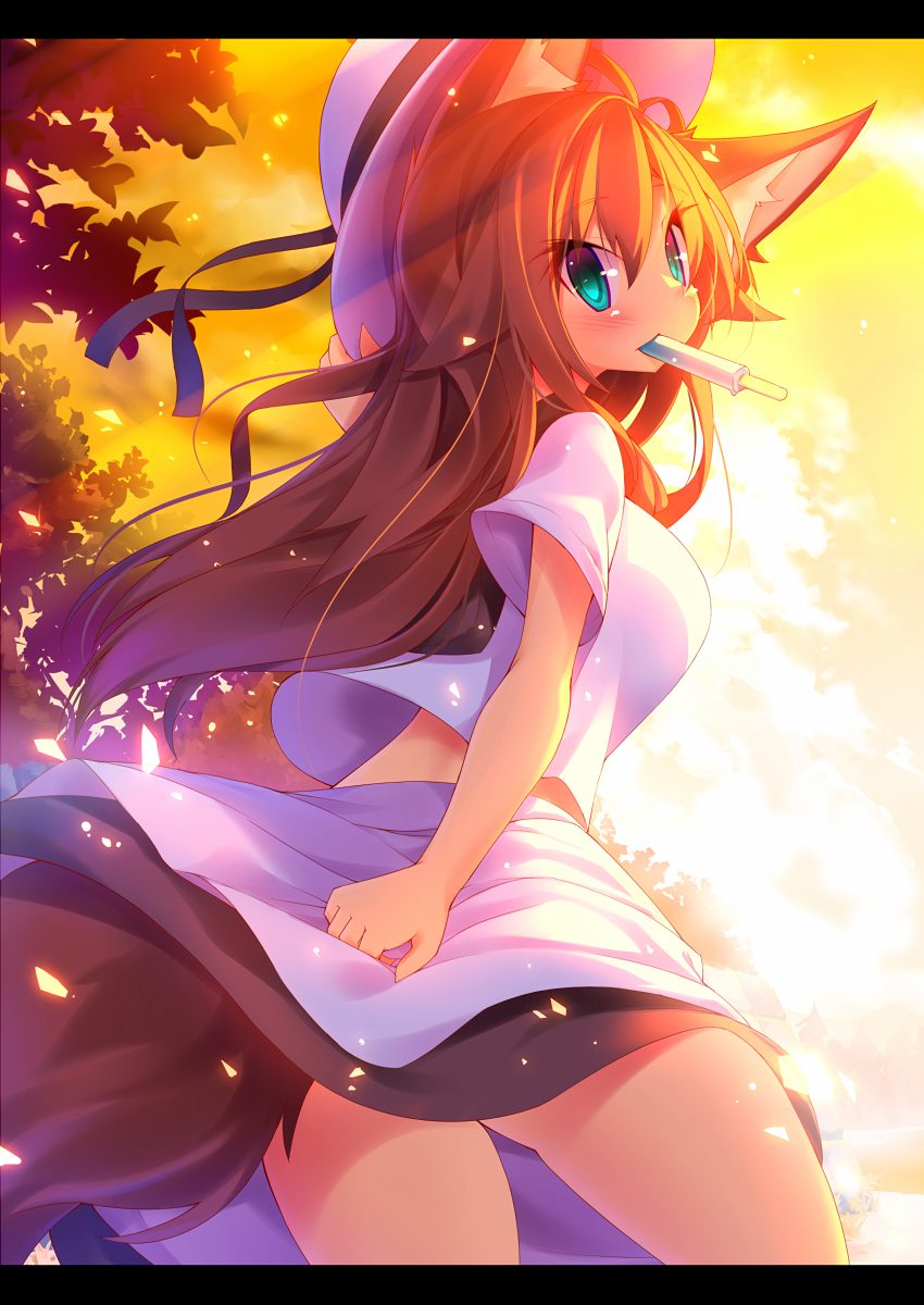 alternate_costume animal_ears aqua_eyes brown_hair casual contemporary food hat highres imaizumi_kagerou koha long_hair looking_at_viewer mouth_hold popsicle shirt short_sleeves skirt skirt_set solo sunlight tail touhou wolf_ears wolf_tail