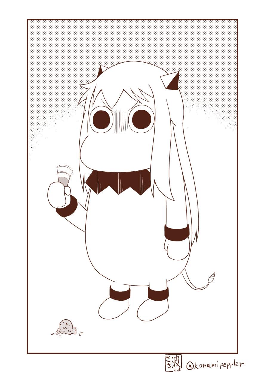 commentary food highres horns ice_cream ice_cream_cone ice_cream_cone_spill kantai_collection mittens monochrome moomin muppo no_humans northern_ocean_hime o_o sazanami_konami tail