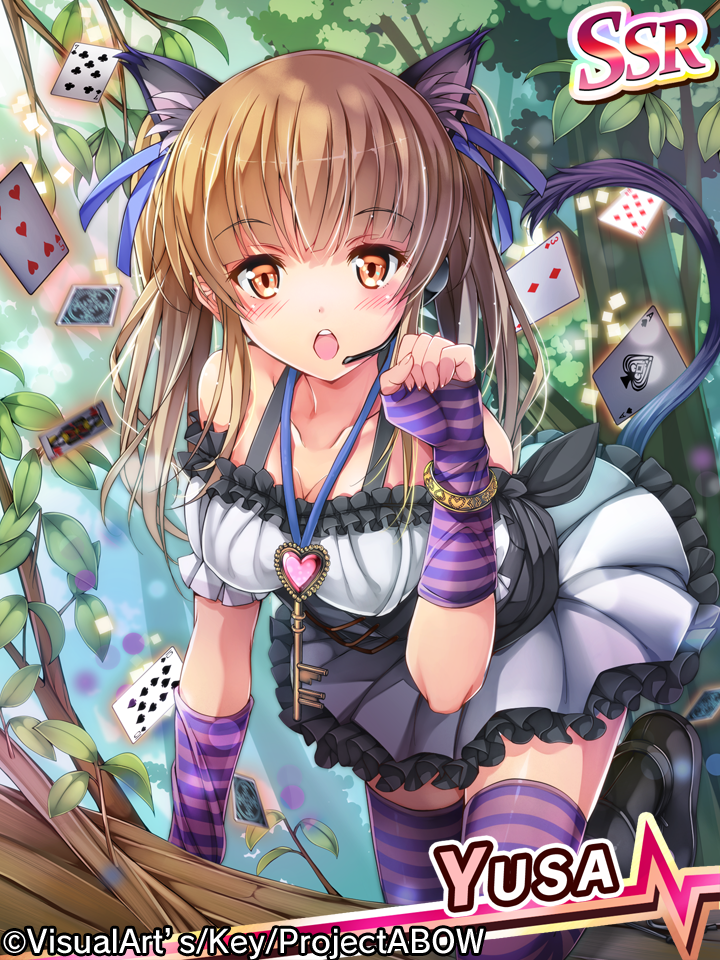 alice_in_wonderland all_fours amayofuu angel_beats! animal_ears blonde_hair brown_eyes card cat_ears cheshire_cat cheshire_cat_(cosplay) cosplay fingerless_gloves gloves headphones headset long_hair playing_card solo thighhighs twintails yusa_(angel_beats!)