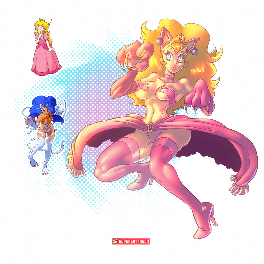 ! 2015 animal_humanoid blue_eyes boots breasts cat_humanoid claws clothed clothing darkstalkers erect_nipples felicia_(darkstalkers) feline female footwear fusion high_heeled_boots high_heels human humanoid legwear mammal mario_bros nintendo nipples official_art panties princess_peach skimpy slit_pupils supersatanson thigh_high_boots underwear video_games