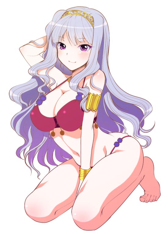 armlet barefoot bikini bracelet idolmaster idolmaster_(classic) jewelry kneeling long_hair matsunami_rumi purple_eyes shijou_takane silver_hair smile solo swimsuit