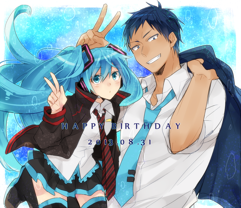 1girl 2013 aomine_daiki aqua_eyes aqua_hair aqua_neckwear black_hair black_jacket black_legwear blue_background blue_eyes blue_hair blush boots clenched_teeth cosplay costume_switch crossover danganronpa dark_skin dark_skinned_male dated happy_birthday hatsune_miku jacket kuroko_no_basuke long_hair long_sleeves looking_at_viewer necktie red_neckwear shirt short_hair short_sleeves skirt smile striped striped_neckwear teeth thigh_boots thighhighs tooru_(jux) trait_connection twintails v vocaloid white_shirt zettai_zetsubou_shoujo