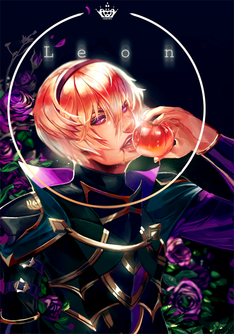 armor blonde_hair cape clandestineknight eating fire_emblem fire_emblem_if flower leaf leon_(fire_emblem_if) male_focus open_mouth purple_eyes rose solo tomato