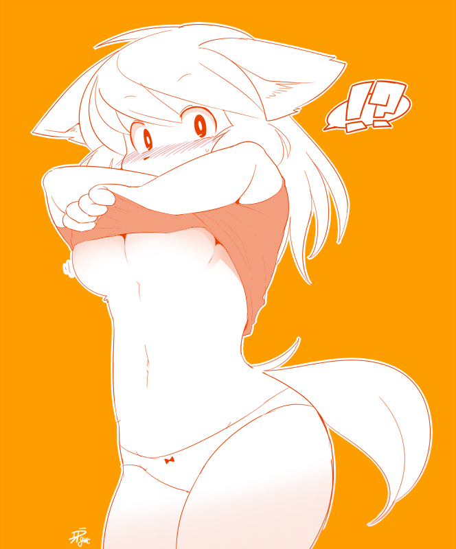 1girl artist_reqeust artist_request blush breasts embarrased embarrassed fox furry monochrome red_eyes short_hair simple_background solo taking_off_clothes