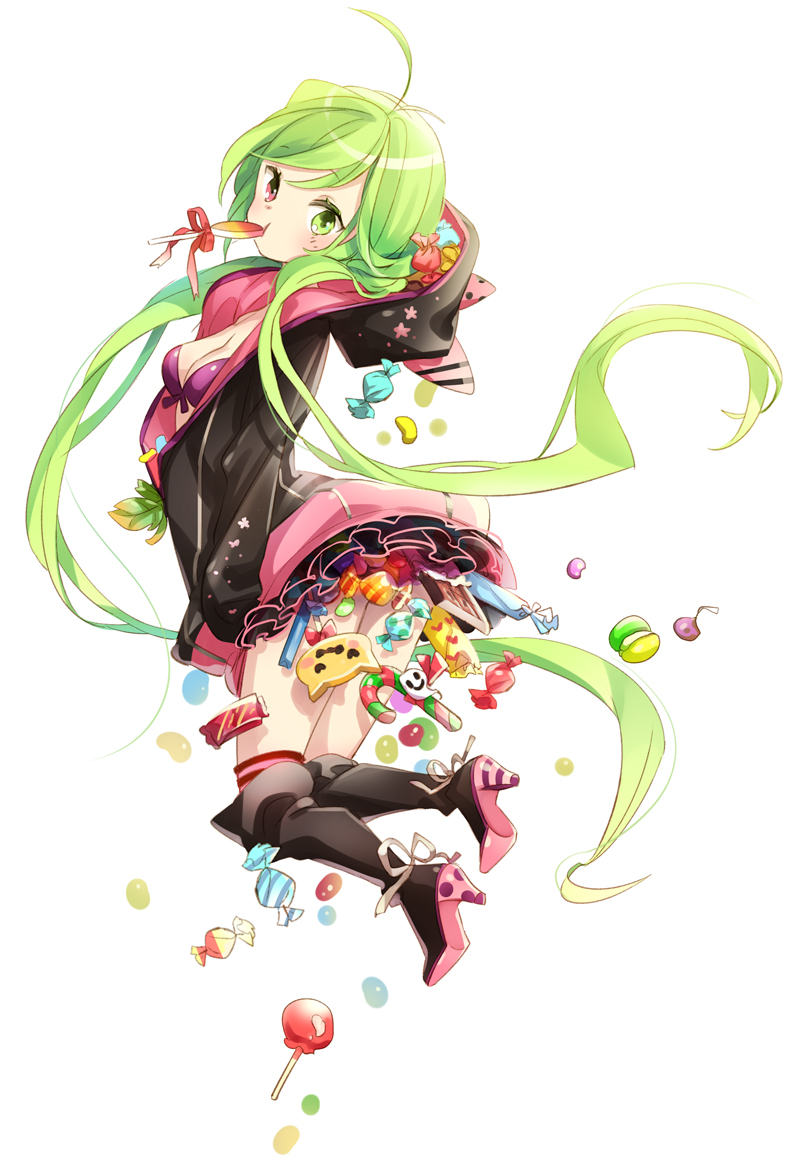 ahoge boots bow bra candy candy_cane food frilled_skirt frills full_body gaha green_eyes green_hair halloween heterochromia high_heel_boots high_heels hood hood_basket hood_down hoodie knee_boots lollipop long_hair looking_at_viewer miniskirt mouth_hold original pink_eyes ribbon simple_background skirt socks solo twintails underwear very_long_hair white_background