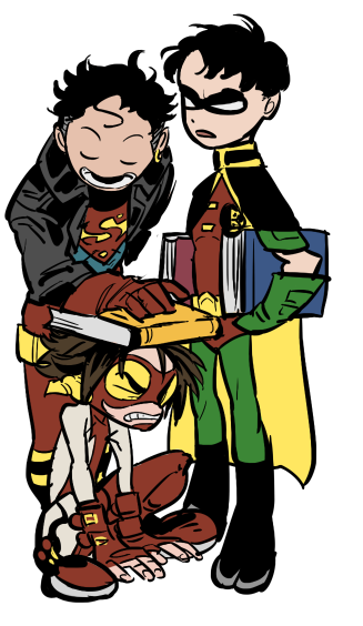 3boys bart_allen black_hair blue_eyes bodysuit book brown_hair cape dc_comics goggles impulse jacket male_focus mask multiple_boys robin_(dc) simple_background superboy tim_drake transparent_background trio yellow_eyes young_justice